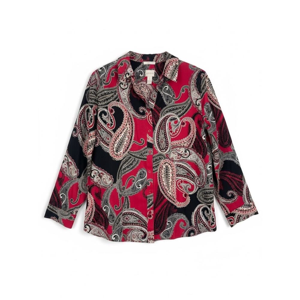 Chico’s No Iron Blouse Shirt Black Red Paisley 100% Cotton Size XL